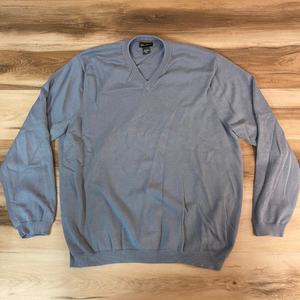 Vintage Eddie Bauer Sweater Mens Tall‎ XXL Blue V Neck Cotton Blend Long Sleeve